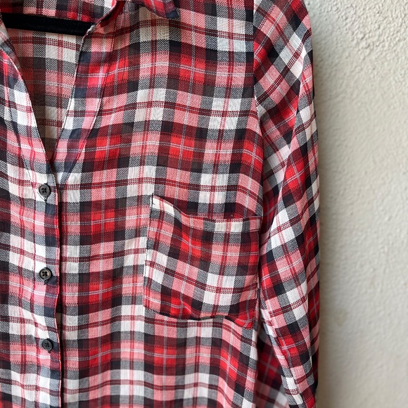 Band of Gypsies red plaid button-up, tunic length, sheer material, size Small - Picture 3 of 8